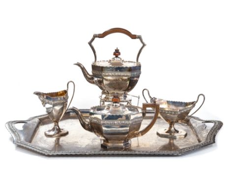 A late Victorian silver five piece octagonal tea service and tray, comprising teapot, kettle on stand with plate burner, suga