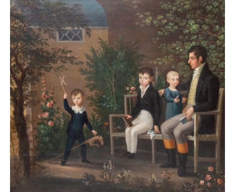 English School, circa 1820, a family portrait of a young gentleman with two children in a garden, the boy with a hobby horse 