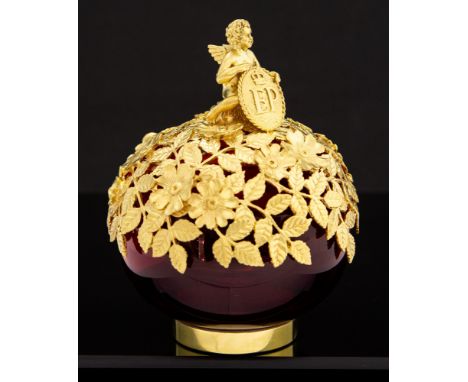 An Aurum ruby glass and silver-gilt Royal Scent Bowl , the lift off cover cast and pierced with flowering branches and surmou