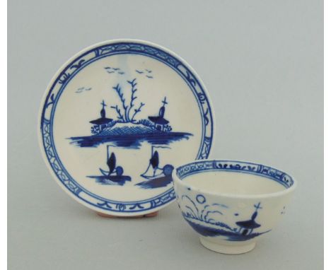 A Caughley porcelain miniature  blue and white tea bowl and saucer, Island Pattern, circa 1780, blue 'S' to bowl, open cresce