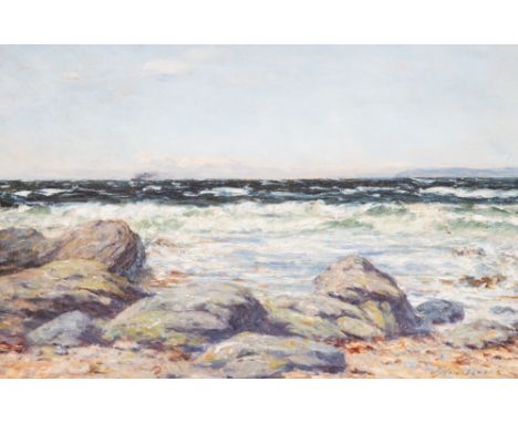 Joseph Henderson (Scottish, 1832-1908), a seascape with rocks in the foreground, steamship beyond, signed l.r., oil on canvas