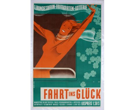 Original Vintage Travel/Tourism/Advertising Poster: 'Austrian Railway Lottery', lithograph, 1933, depicting a lady waving fro