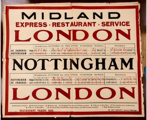Original Edwardian Railway Timetable & Information Posters / Midland Railway Interest: Two large red & black lithographic pos