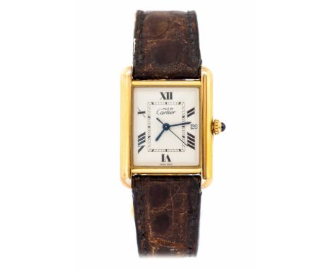 Cartier, a circa 1999 Must De Cartier silver gilt tank wristwatch, 2.5cm rectangular white dial with Roman numerals, date ape