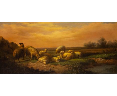 M...R...Harvey (British, 20th Century), sheep at dusk in an open landscape, signed l.l., oil on board, 20cm by 40cm 