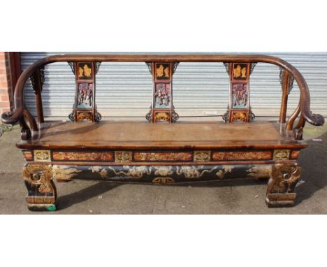 A Chinese hardwood carved bench, 20th Century, the back with three carved back splats depicting Chinese figures in high relie