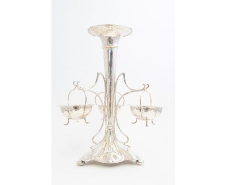 An Edwardian silver three branch epergne, Art Nouveau style central trumpet shaped vase, on shaped trefoil base with ball fee