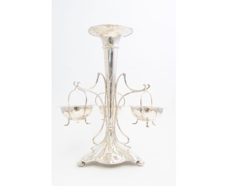 An Edwardian silver three branch epergne, Art Nouveau style central trumpet shaped vase, on shaped trefoil base with ball fee