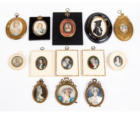 A collection of thirteen assorted portrait miniatures of ladies in 18th Century dress, on ivory, all mounted (13)