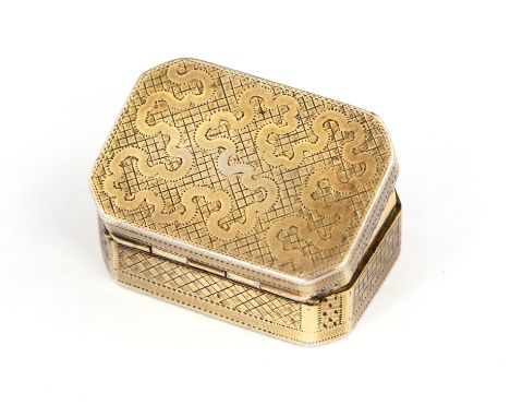A George III silver-gilt vinaigrette, rectangular with canted corners, the hinged cover and base engraved with wriggle work, 
