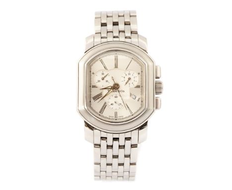 Tiffany & Co, a gent's steel Tiffany & Co chronograph wristwatch, 3cm silvered dial with Roman numerals, triple subsidiary di