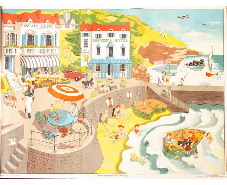 Original vintage 1950s classroom poster depicting seaside scene, Elizabeth Skilton, published by Lowe and Brydon.
