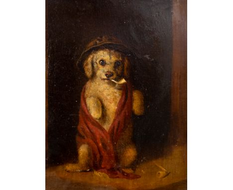 English School, 19th Century, 'Jack' - a portrait of a terrier begging dressed in a hat and cape smoking a pipe, indistinctly