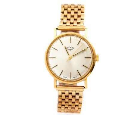 Rotary, a circa 1960's 9ct gold gent's Rotary wristwatch, 3cm circular silvered dial with baton hands and numerals, on a 9ct 