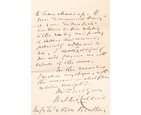 Wilkie Collins (1824-1889), English novelist famous for 'The Woman in White' and 'The Moonstone'. Autograph letter, signed an