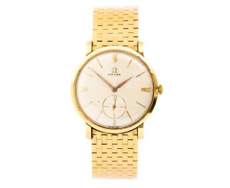 Omega, a circa 1960's gent's 18ct gold Omega wristwatch, 3cm circular champagne dial with dagger hands and baton numerals, su