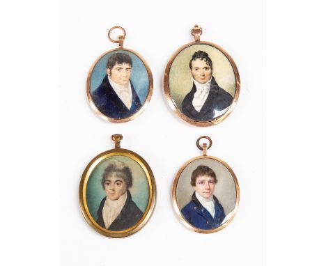 Four assorted mid 19th Century oval portrait miniatures of young gentlemen, circa 1840's to 1860's, on ivory, three with lock