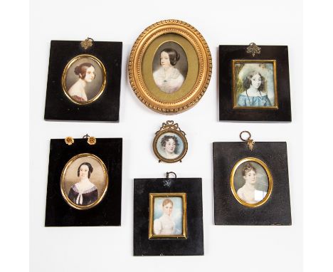 A collection of six early to mid 19th Century portrait miniatures of young ladies, on ivory, and a small print, all mounted, 
