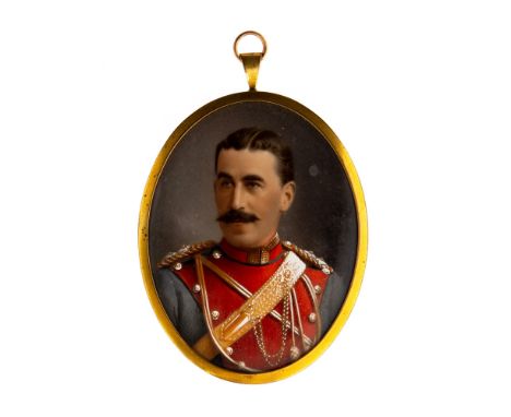 A late 19th Century oval portrait miniature of a moustached gentleman in military uniform, on ivory, framed, 8cm by 6cm