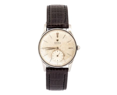 Rolex, a circa 1960's gent's steel Rolex Precision wristwatch, 2.5cm circular mottled champagne dial, dagger numerals, subsid