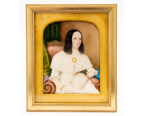 A mid 19th Century portrait miniature on ivory, Mary Anne Haines, wife of William Henry Haines, 1845, seated half length wear