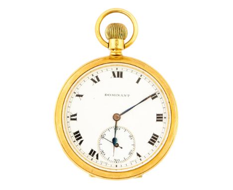 An 18ct gold open-faced top wind pocket watch, 4cm white enamel Roman numeral dial with a subsidiary seconds dial signed 'Dom