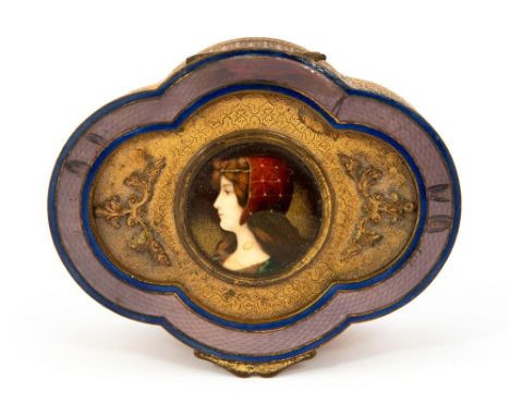 A late 19th Century French gilt metal and enamel serpentine shaped jewellery casket, circa 1890, the cover inset with an enam