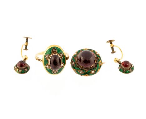 A 19th century yellow metal, garnet, diamond and enamel demi-parure, comprising ring, brooch and earrings, each set with a ca