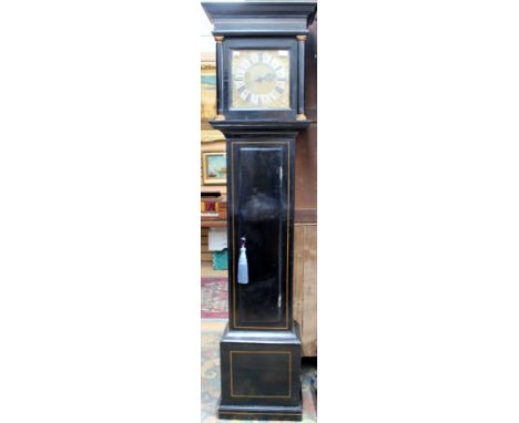 A George II ebonised 30 hour longcase clock, the dial inscribed 'Tho Clarke, Burton', the door with a glazed face sliding off