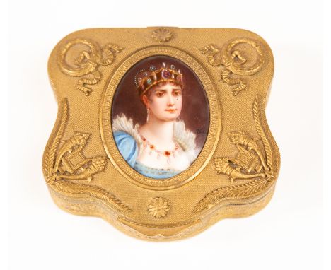 A 19th Century French gilt metal jewel casket, circa 1880, inset with an oval porcelain plaque with a portrait of Mdme Joseph