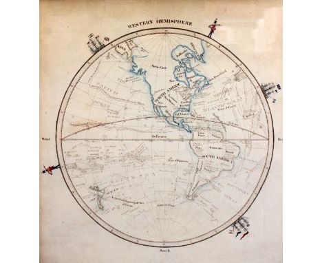 19th Century manuscript map of the world, 'Western Hemisphere', ink & watercolour signed John Harrison, 1838. The map include