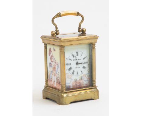 An early 20th Century French miniature carriage timepiece, brass corniche case with a visible escapement window, enamel Roman