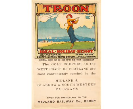 Original Edwardian Travel Poster / Advertising / Midland Railway / Scottish Interest: 'Troon - Ideal Holiday Resort - Six Gol