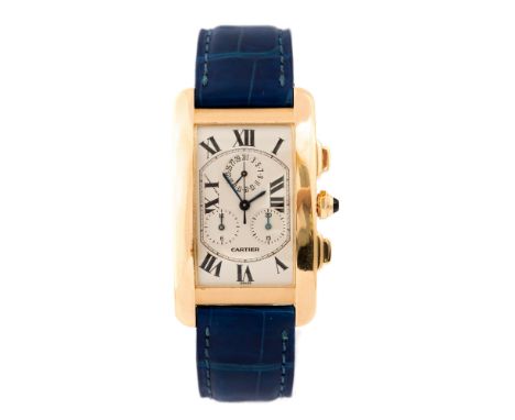Cartier, a gent's Cartier 18ct gold Tank Americaine chronograph wristwatch, 2.5cm rectangular silvered dial with Roman numera
