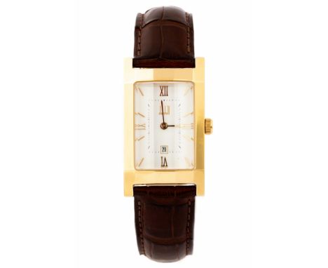 Dunhill, a Dunhill gold plated wristwatch, 2cm rectangular white dial with Roman numerals, date aperture at 6 o'clock, facet 
