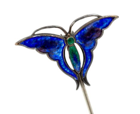 Charles Horner - a silver and enamel hat pin, in the form of a butterfly, blue and green tones, Chester 1908, 28cm long; anot