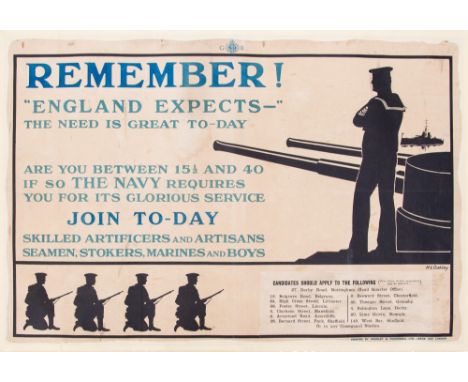 Original First World War Recruitment Poster: 'Remember! “England Expects-“ The Need is Great To-day - Are You Between 15 ½ an