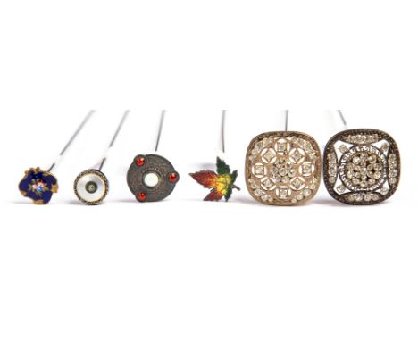 A sterling silver and enamel hat pin, as a Canadian maple leaf, in autumn tones; a cloisonne hat pin; Arts and Crafts style w