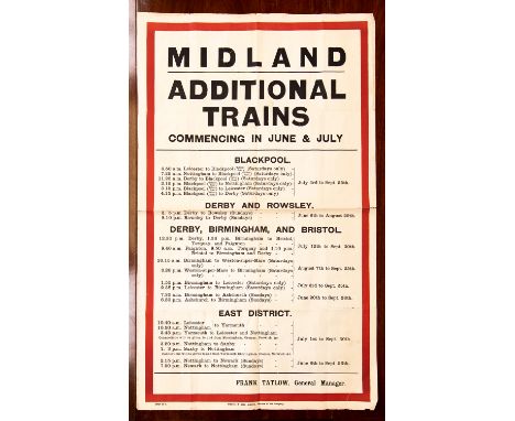 Original Edwardian Railway Information Poster / Midland Railway Interest: 'Midland Additional Trains Commencing in June & Jul