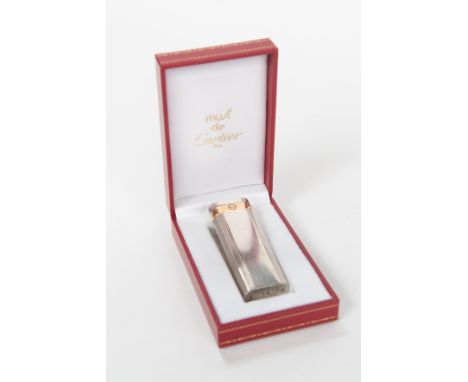 CARTIER lighter, silver stamped 925 with gold ribbed detail to the hinged lid, signature Cartier screw detail, rounded rectan