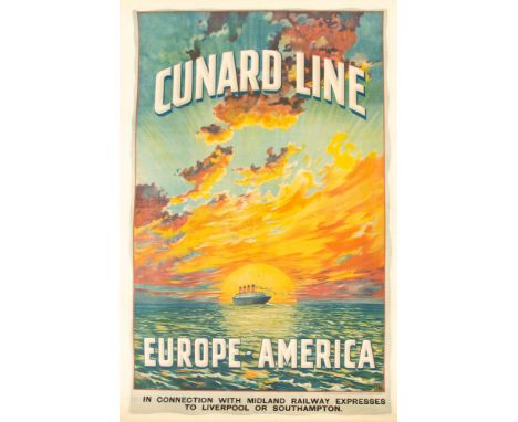 Original Edwardian Ocean Liner Travel Poster / Advertising / Midland Railway Interest: 'Cunard Line, Europe - America, In Con