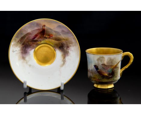 A Royal Worcester cabinet cup and saucer, painted by James Stinton with pheasants in thicket, gilt interior (2)