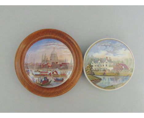 Two Staffordshire Prattware polychrome pot lids,  one mounted in a light wooden frame, titled 'St Paulsand River Pageant' and