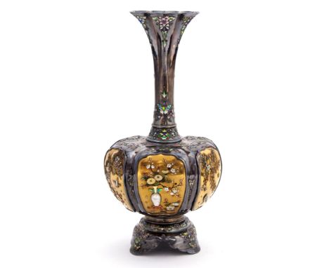 A Japanese silver, Shibayama and enamelled vase, Meiji period, 1868-1912, of ovoid form with flared neck, the six gilt lacque