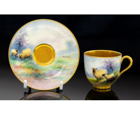 A Royal Worcester cabinet cup and saucer,  E. Barker, painted with sheep in landscape with blossom, signed (2)