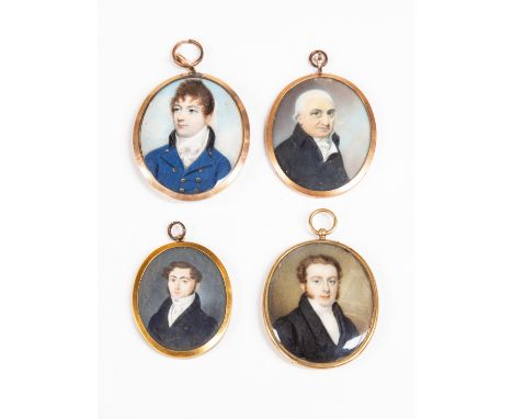 Four assorted oval portrait miniatures of gentlemen, circa 1830's to 1860's, spanning generations, on ivory, all mounted, lar