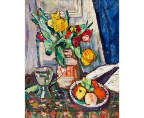 George Leslie Hunter (Scottish, 1877-1931), 'Flowers and Fruit', signed u.r., oil on board, 55cm by 45cmNote: Hunter along wi