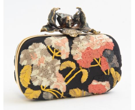 ALEXANDER MQUEEN floral Iris skull clutch, featuring a gold tone skull clasp, floral silk embroidery on black satin, leather 