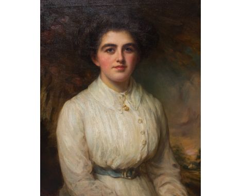 Ellis William Roberts (British, 1860-1930), portrait Mrs Deaville aged 21, bust length, wearing a white dress, signed and dat