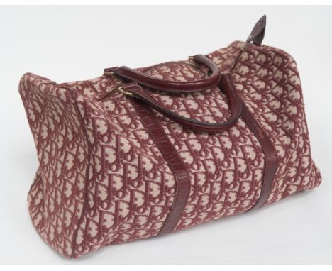 CHRISTIAN DIOR vintage Boston handbag, monograph print in burgundy and cream canvas, duel burgundy leather handles and trim, 